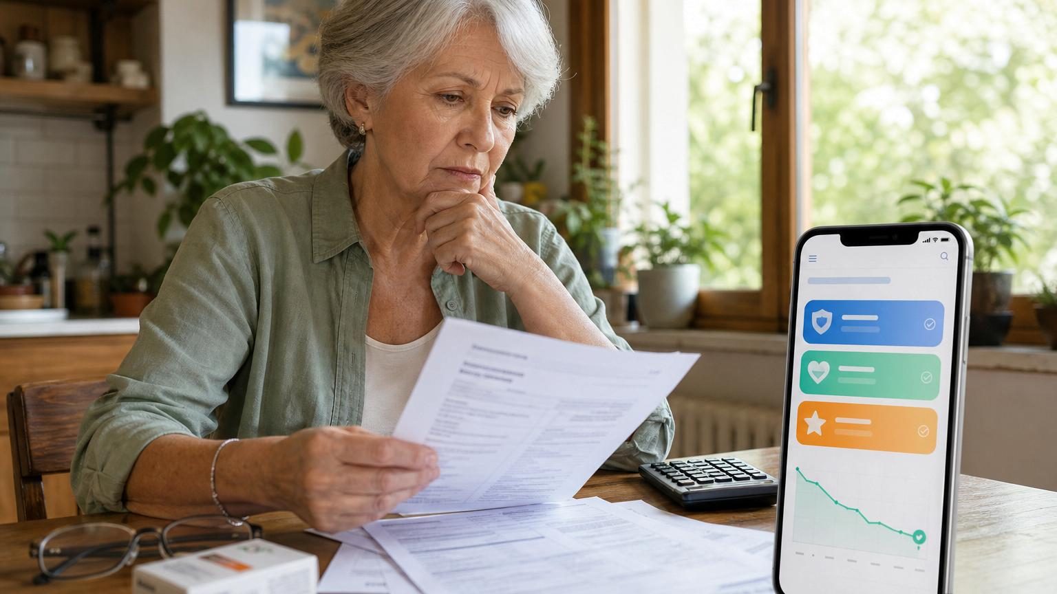 Femme retraitée de 67 ans regardant une facture de mutuelle de 22 euros de plus par mois entre une ordonnance et une facture d'électricité.