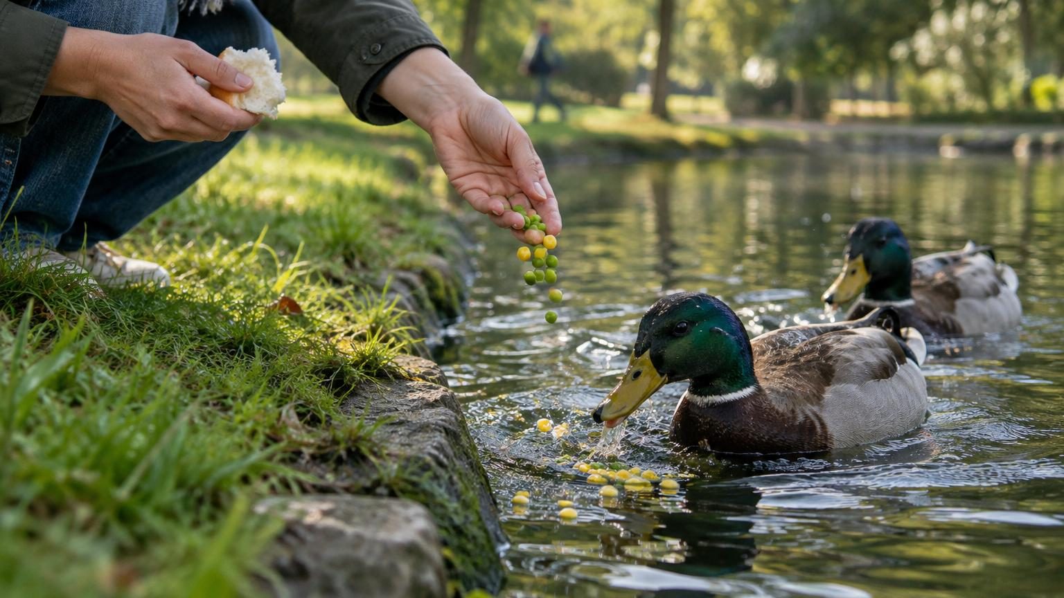 Des canards rassemblés au bord d'un étang, certains dans l'eau, attendant ou mangeant de la nourriture apportée par des visiteurs du parc.