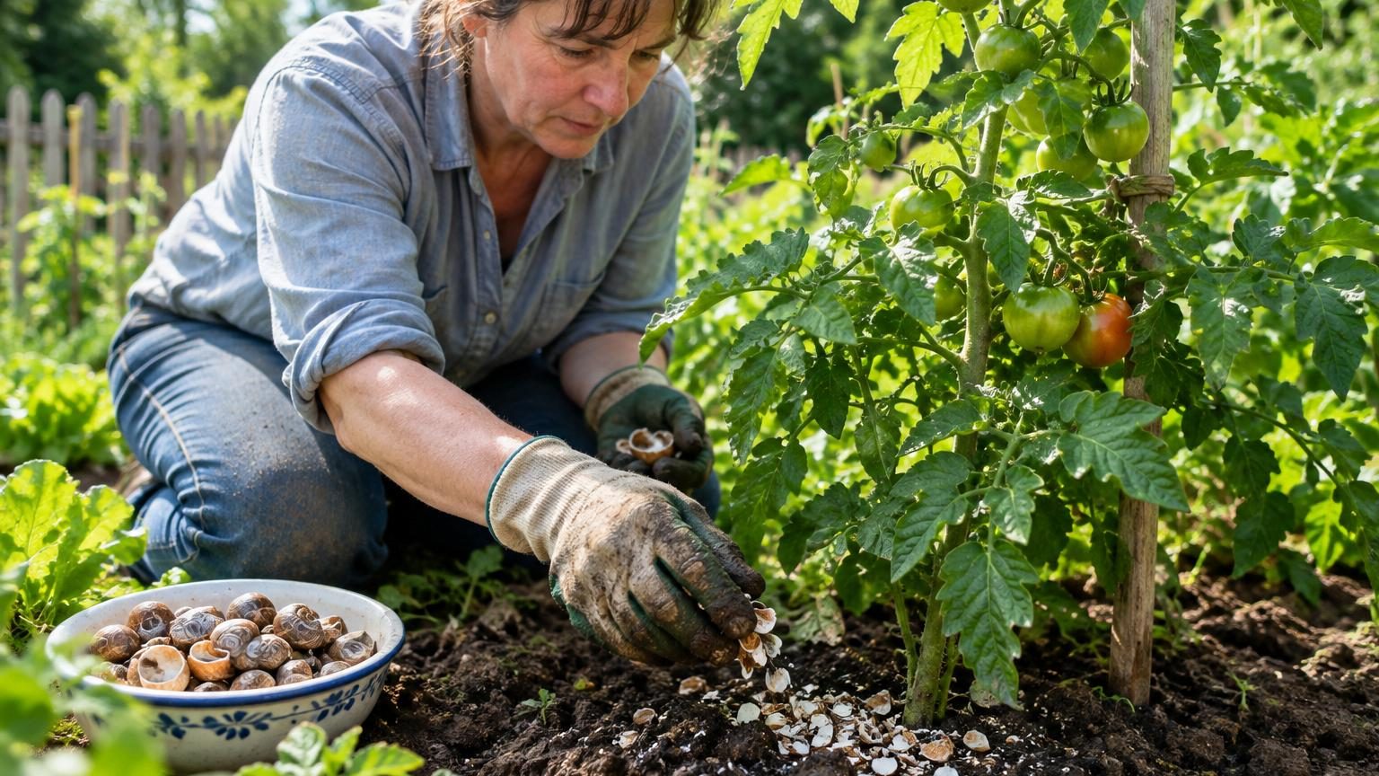 Coquilles d'escargots concassées dispersées autour d'une plante de tomate au potager, avec fragments de 3 à 5 millimètres visibles.