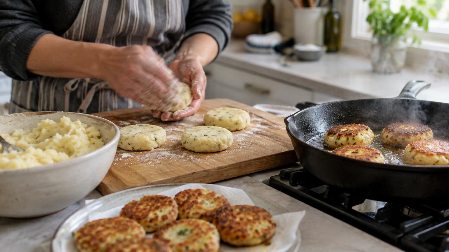 Galettes dorées et croustillantes de purée posées dans une poêle, cuites à la perfection avec une croûte caramélisée.