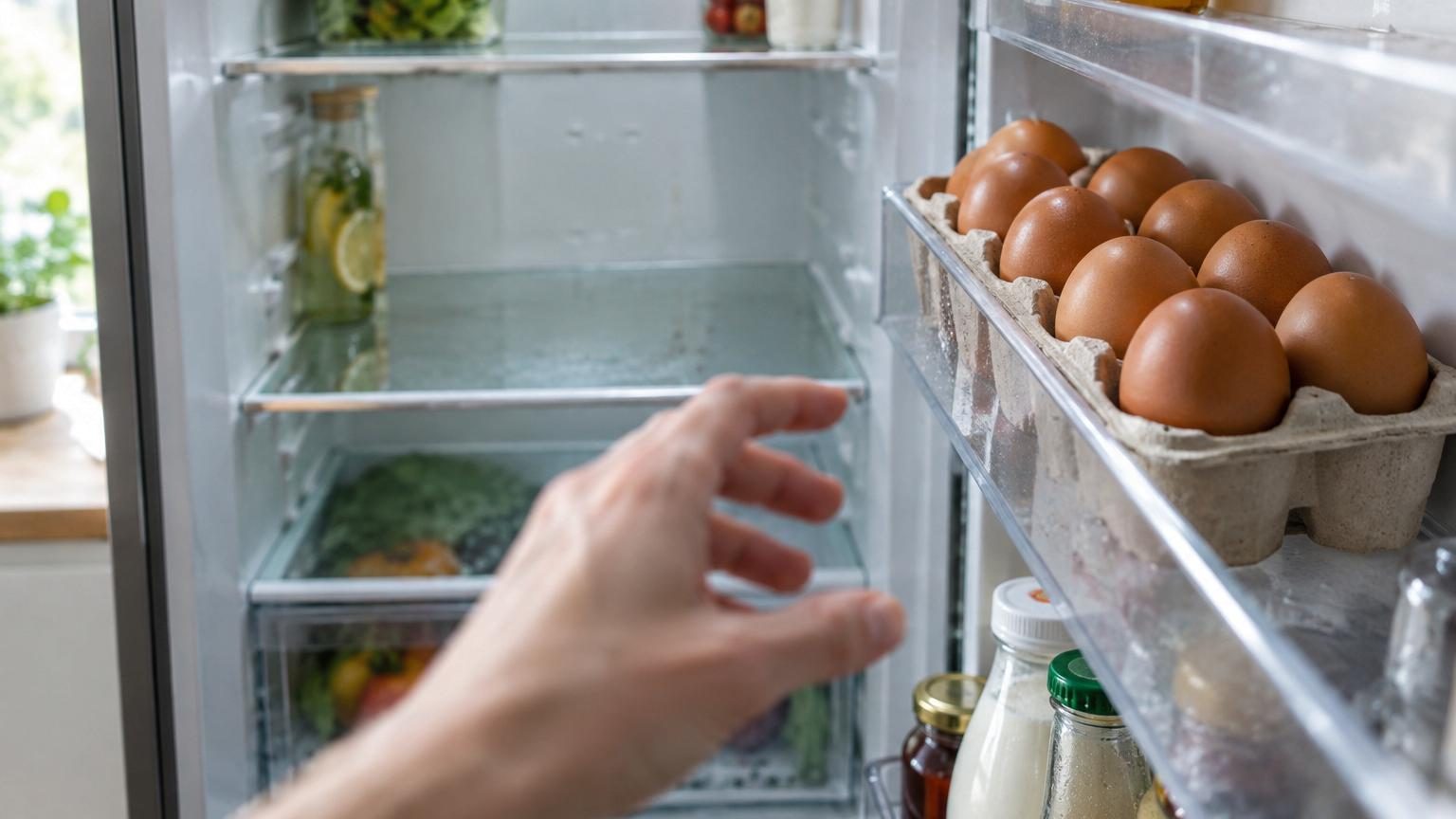 Intérieur d'un réfrigérateur montrant la porte ouverte avec des compartiments à œufs, et l'arrière du frigo avec des étagères où les œufs devraient être rangés.