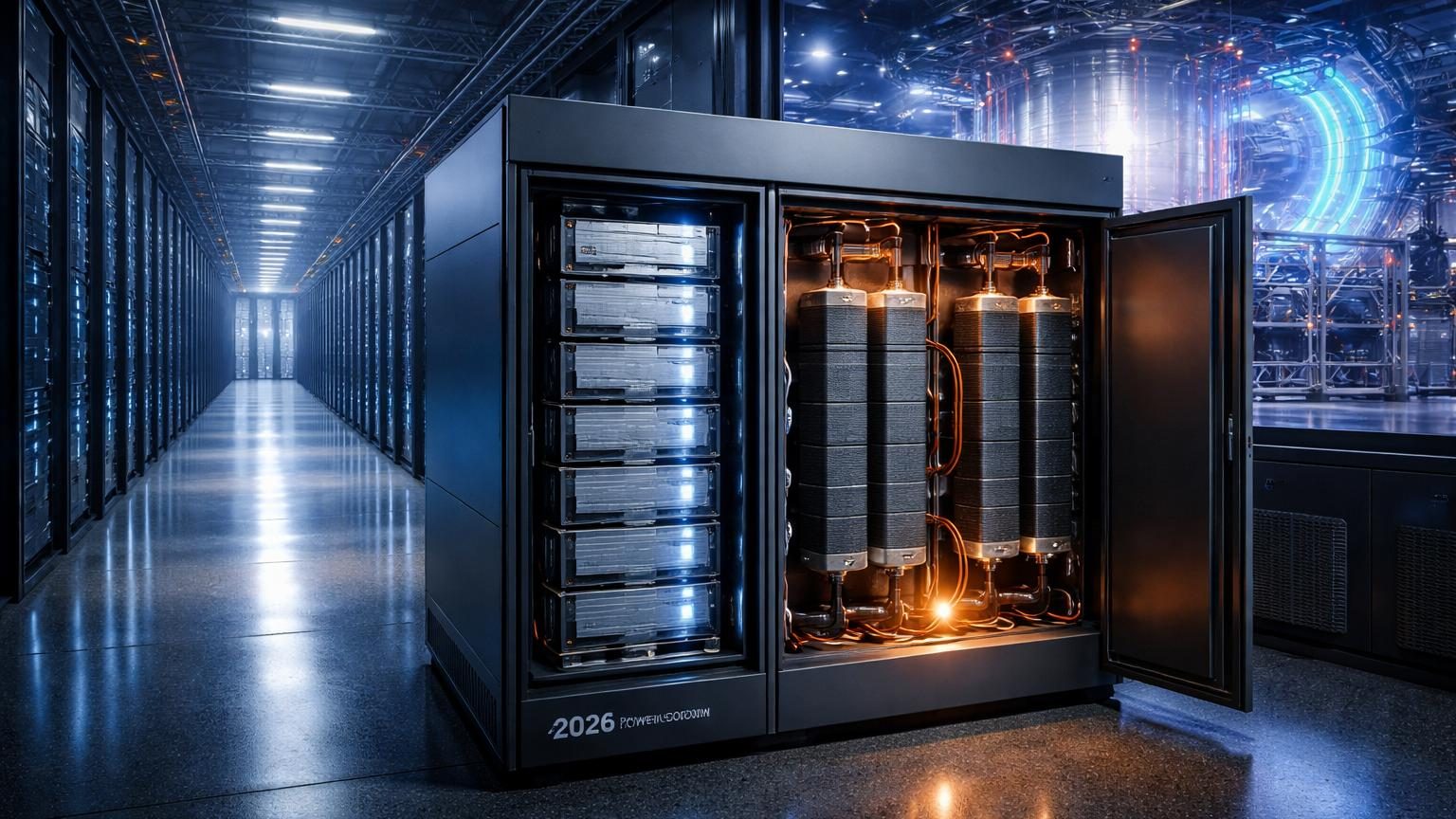 Schéma conceptuel montrant l'intégration d'une batterie hybride composée d'ultracondensateurs et de cellules lithium-ion dans une installation de datacenter ultramoderne, avec symboles d'impulsions électriques et de gestion d'énergie.