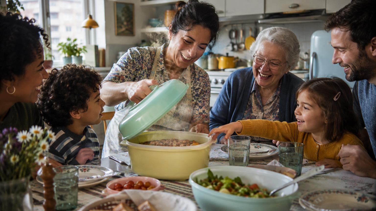 Boîtes en plastique coloré Tupperware empilées avec leurs couvercles hermétiques caractéristiques, symbole des repas partagés familiaux.
