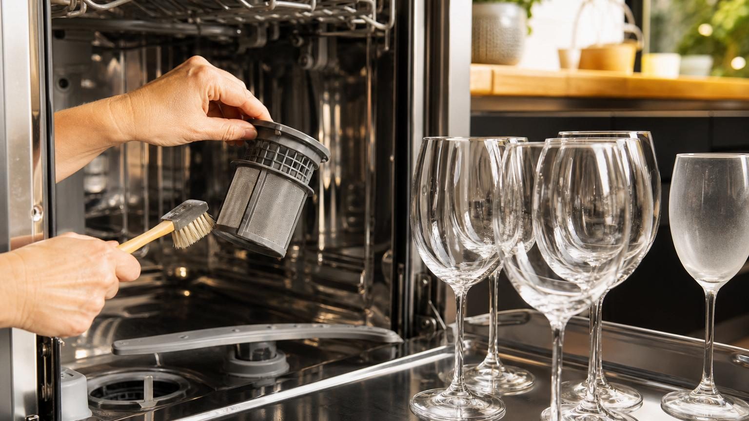 Gros plan sur des verres brillants et transparents posés dans un lave-vaisselle propre, sans traces blanches