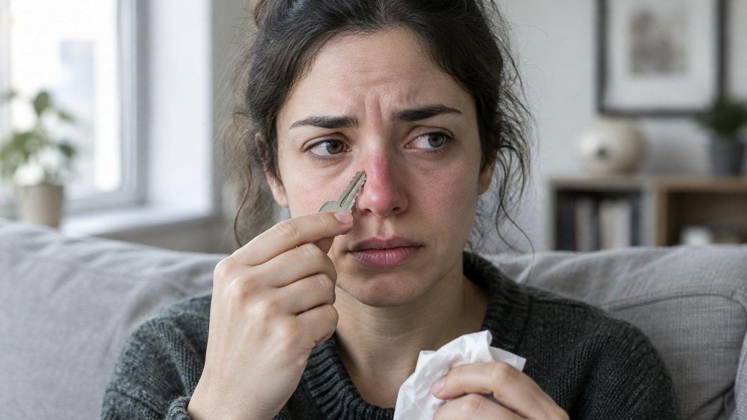 Gros plan sur le visage d'une personne utilisisant une clé métallique pour masser les zones du nez et du front selon la technique d'acupression décrite, mouvements circulaires doux en application.