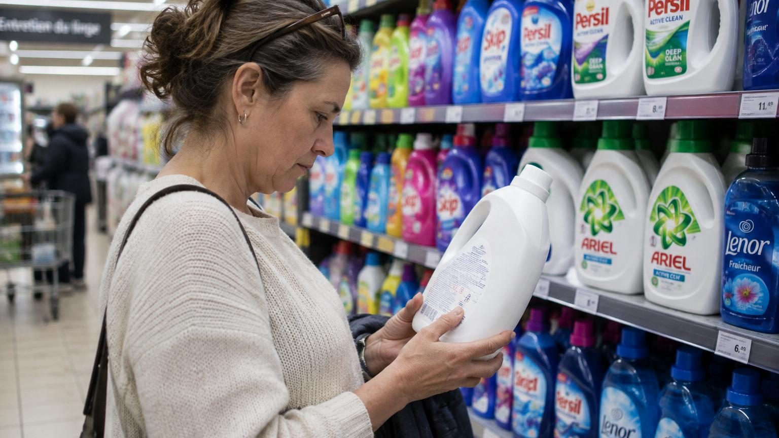 Rayon de supermarché montrant des bouteilles de lessive colorées avec marques Ariel et Skip en évidence, et une bouteille blanche discrète de marque distributeur au premier plan.