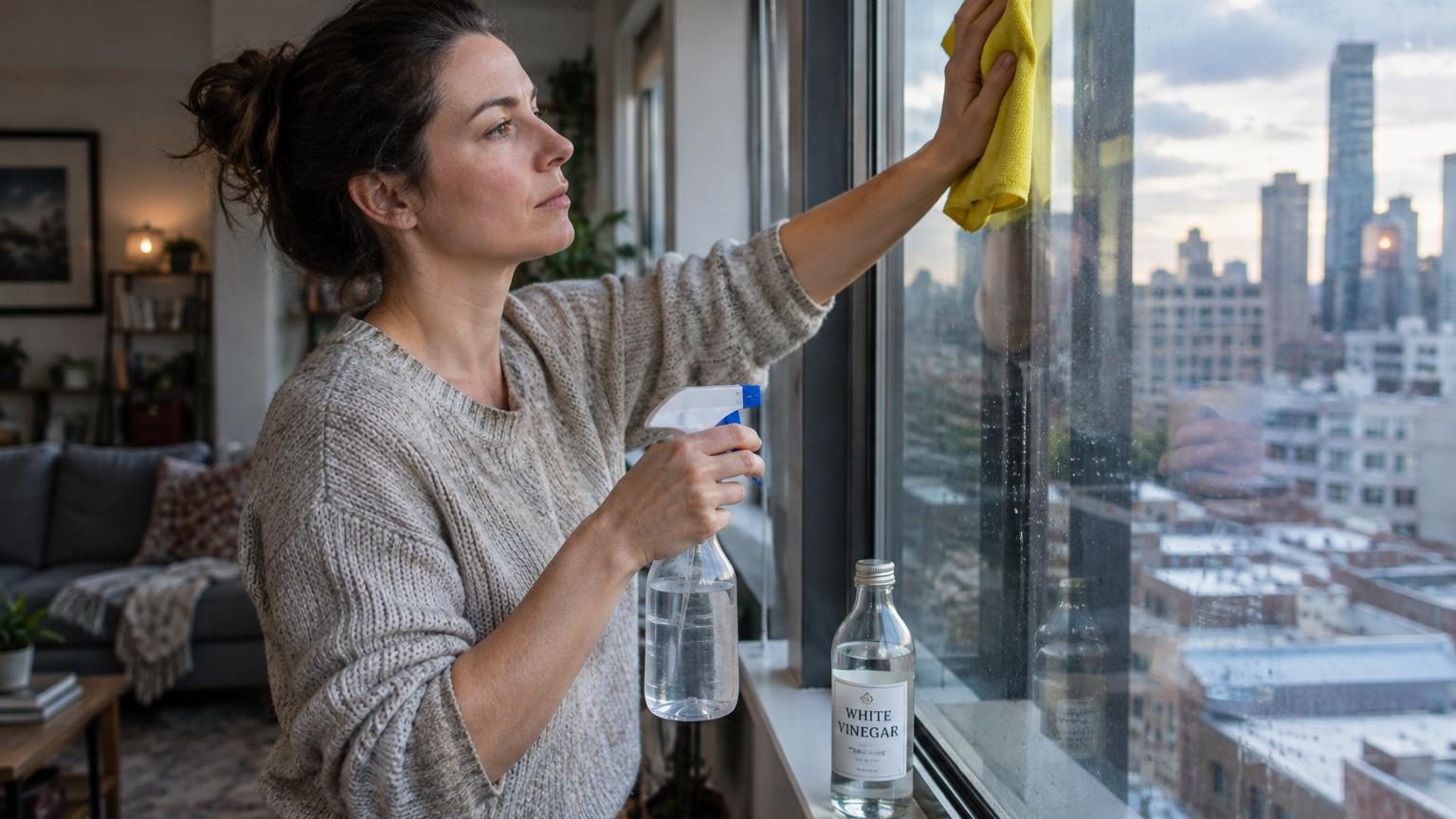 Gros plan sur une vitre brillante et transparente avec des gouttes de vinaigre blanc et un chiffon microfibre bleu, symbolisant le nettoyage efficace des vitres.