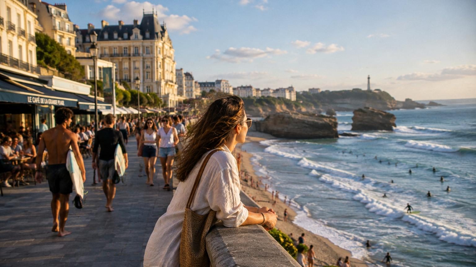 Vue panoramique de la Grande Plage de Biarritz avec des surfeurs dans les vagues, des bâtiments Belle Époque en arrière-plan et le Rocher de la Vierge dominant le littoral atlantique basque.