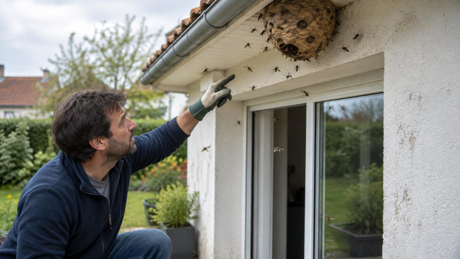Frelon asiatique sombre aux segments orangés volant près d'une petite boule grisâtre de papier mâché accrochée sous un débord de toit de maison