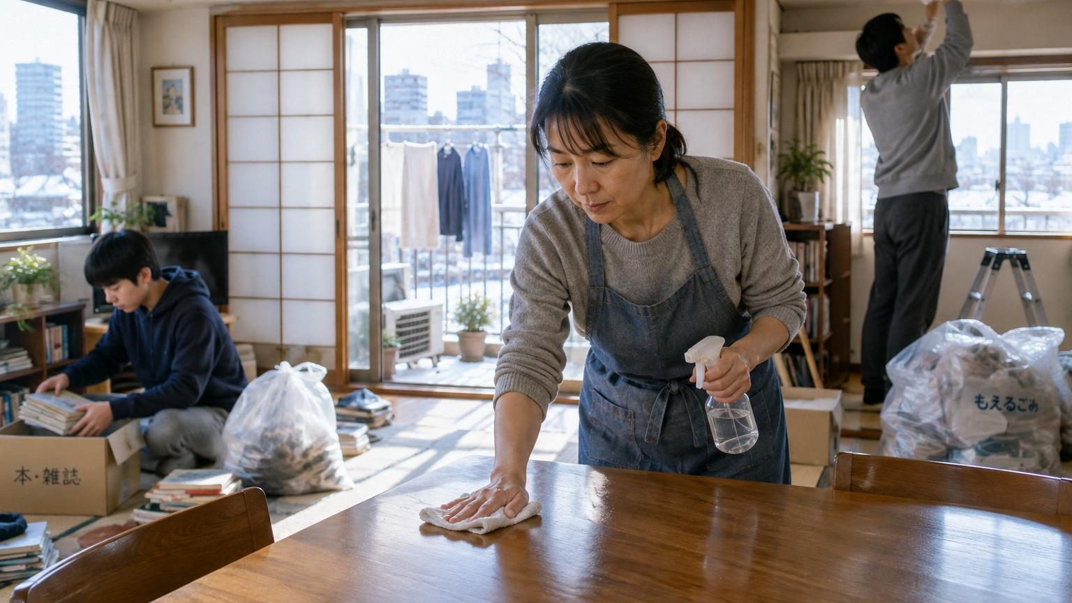 Intérieur japonais lumineux et épuré où une personne nettoie méticuleusement à proximité de fenêtres ouvertes laissant entrer la lumière, illustrant le Oosouji ou grande nettoyage du 28 décembre.