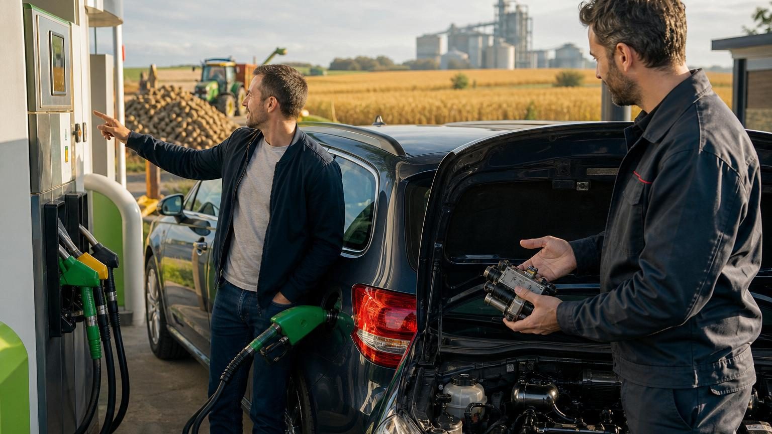 Station-service avec pompe de superéthanol E85 à prix réduit à côté d'une pompe d'essence classique plus chère