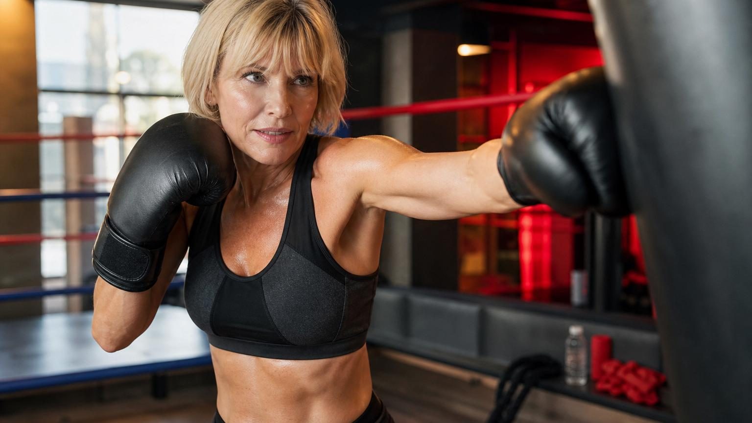 Femme de 56 ans en gants de boxe frappant un sac de frappe en salle de sport, illustrant une pratique dynamique de la boxe fitness.