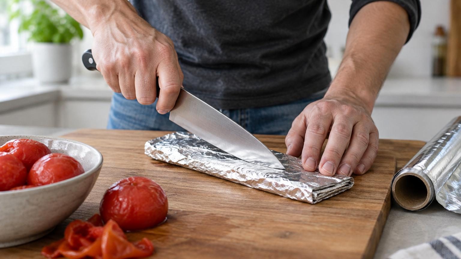 Plan rapproché montrant une lame de couteau qui glisse sur du papier aluminium plié plusieurs fois sur lui-même, en formation blanc-gris.