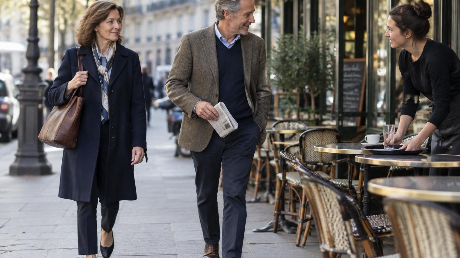 Personne portant un manteau classique intemporel, assise avec une posture détendue, tenant une tasse de café, illustrant la discrétion et l'aisance tranquille de la vieille fortune.