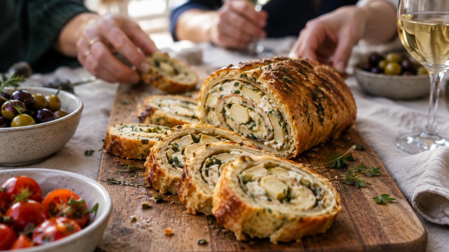 Roulé salé tranché présentant des couches de génoise, cœurs de palmier en rondelles, jambon et fromage crémeux, prêt à servir à l'apéritif.