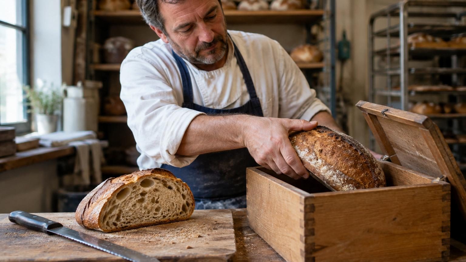 Un boulanger tenant une baguette fraîchement coupée en deux, posée mie contre une planche en bois à côté d'une boîte de conservation ventilée.
