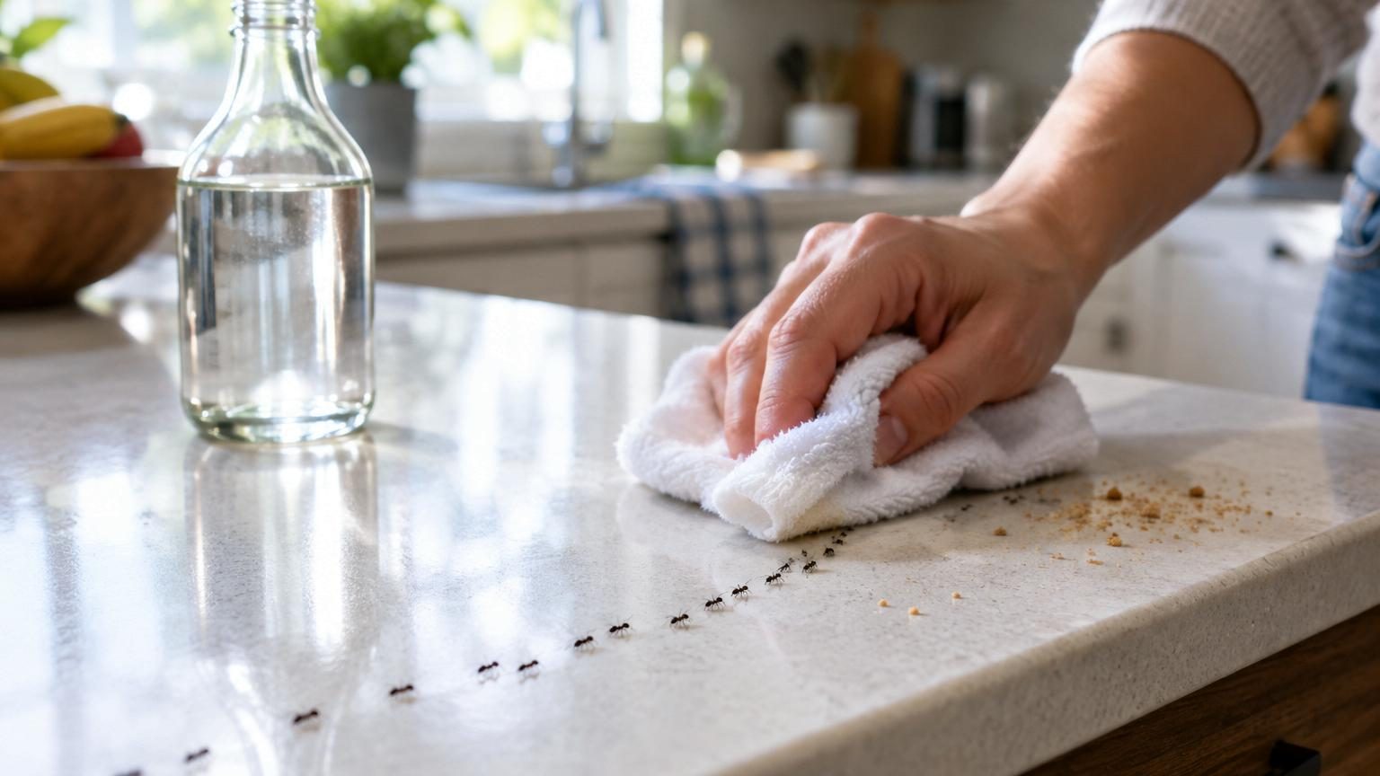 Bouteille de vinaigre blanc posée sur un plan de travail de cuisine à côté d'un chiffon et d'un vaporisateur, avec une file de fourmis marchant le long d'une plinthe en arrière-plan.