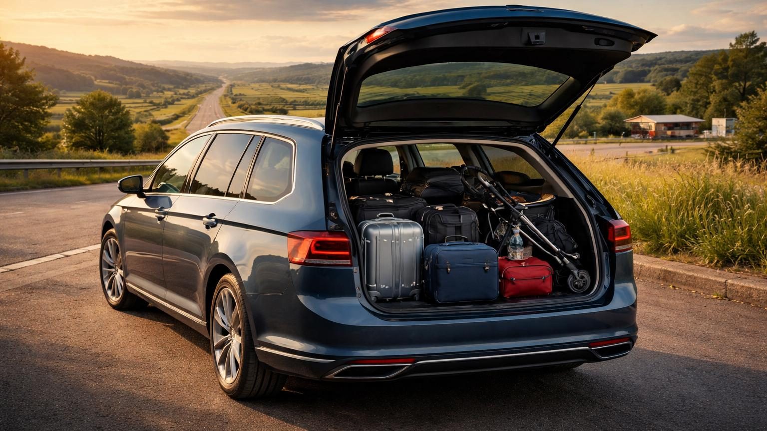 Berline diesel compacte aux lignes épurées, carrosserie basse et coffre généreux, photographiée de trois-quarts en environnement routier ou autoroutier.