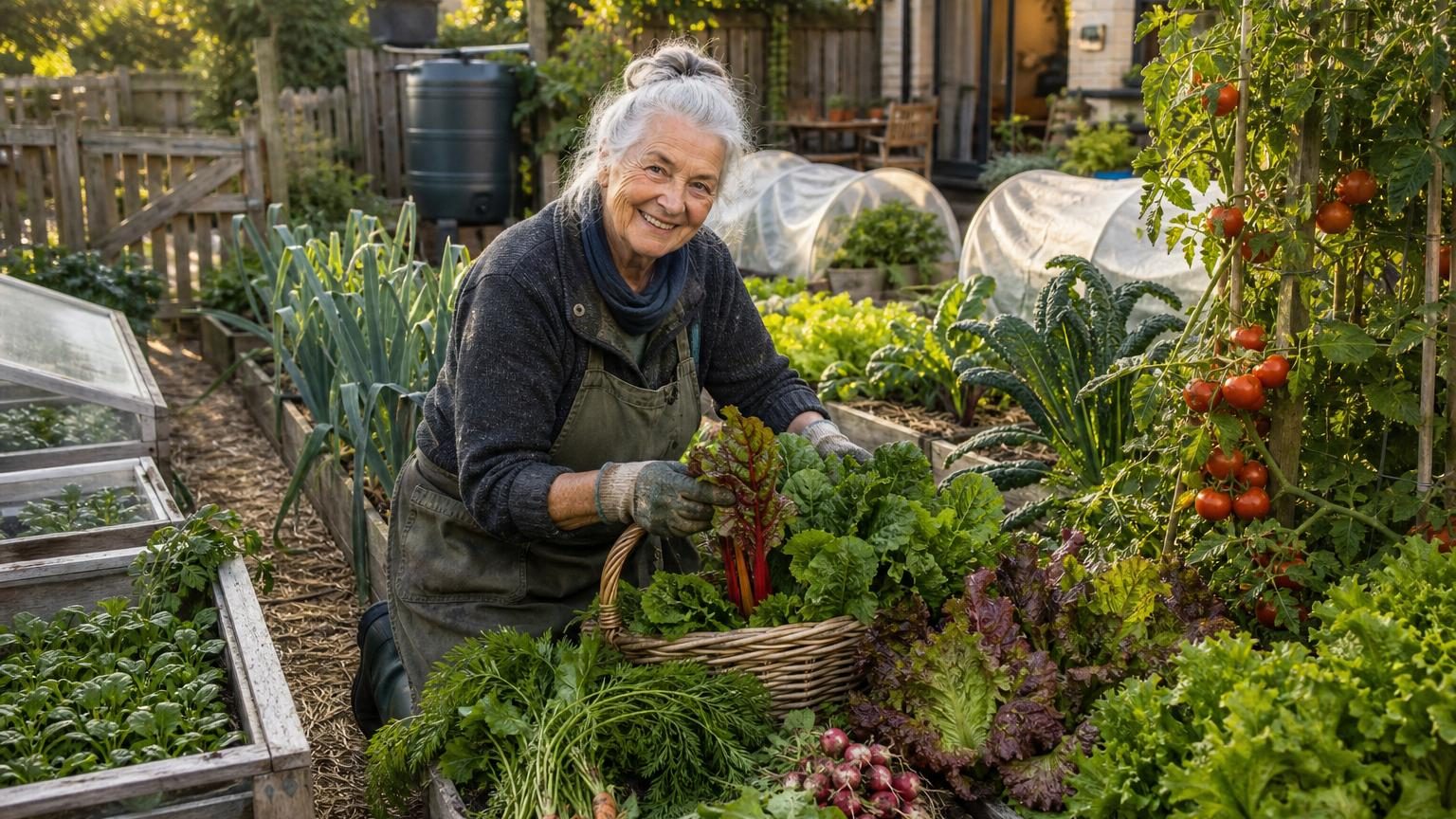 Nicole, âgée de 74 ans, debout dans son petit potager de 50 m² avec des planches de culture bien organisées, des tomates grimpant sur un treillage, des salades et des légumes variés, entourée de caisses récupérées et de paillage.