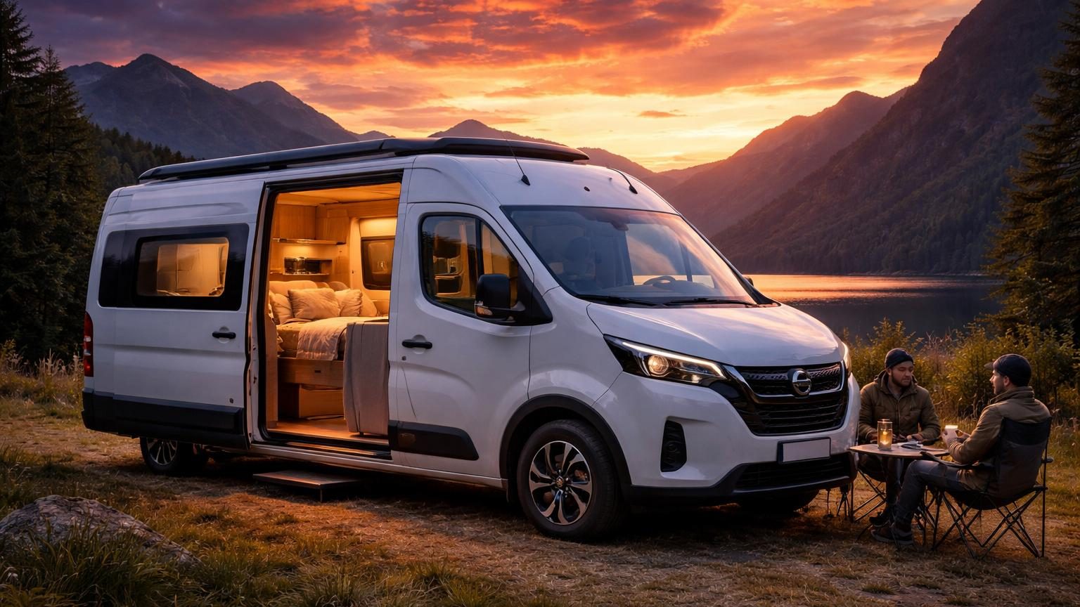 Camping-car électrique Nissan Interstar-e Relax blanc présenté de trois quarts, intérieur visible avec lit fixe, cuisine équipée et aménagements en bois