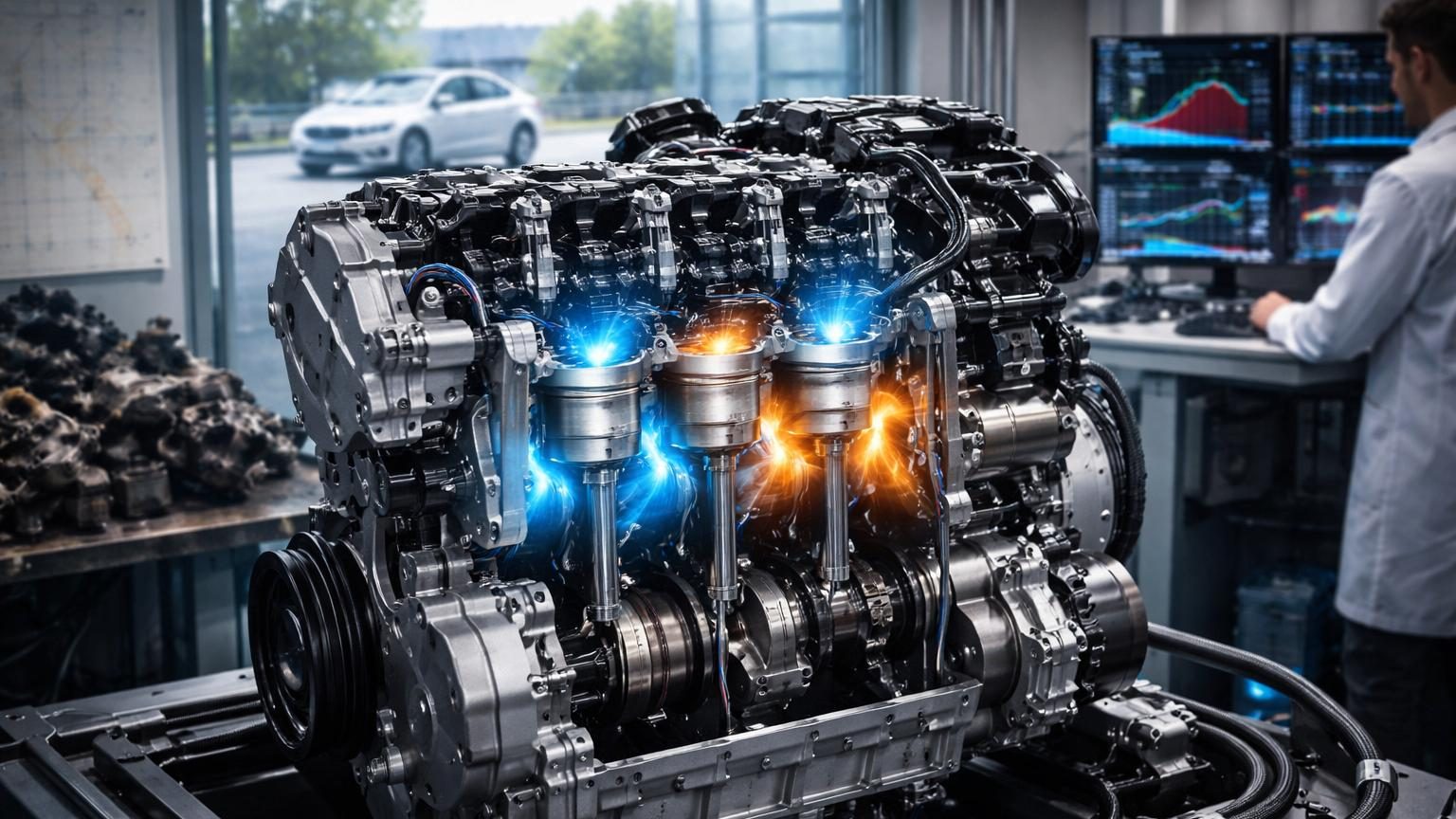 Schéma technique comparant le fonctionnement du cycle classique et du cycle Miller dans un moteur essence, montrant l'ajustement des soupapes d'admission et la réduction du volume de mélange air-carburant.