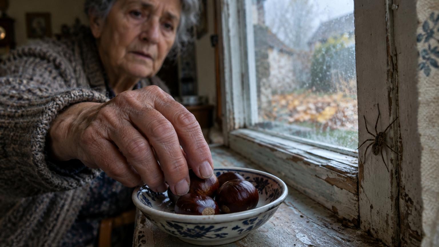 Marrons d'Inde rouges et bruns disposés sur un rebord de fenêtre en bois devant un vitrail, symbolisant la tradition automnale.