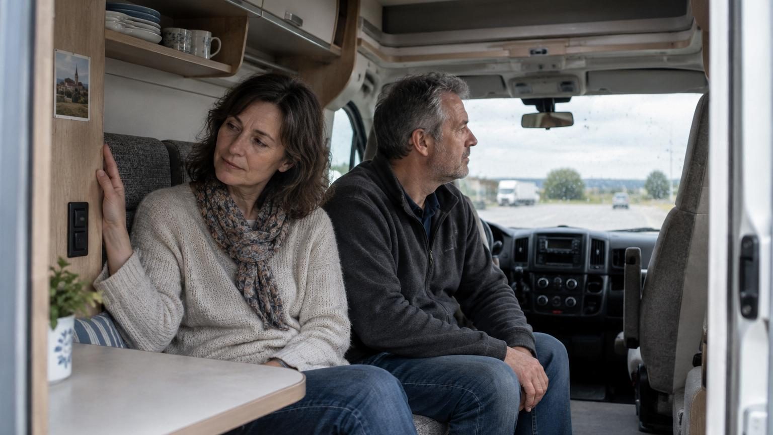 Couple assis à l'intérieur d'un camping-car rangé, observant le pare-brise, symbole de la fin d'une expérience de six ans de vie nomade en Europe