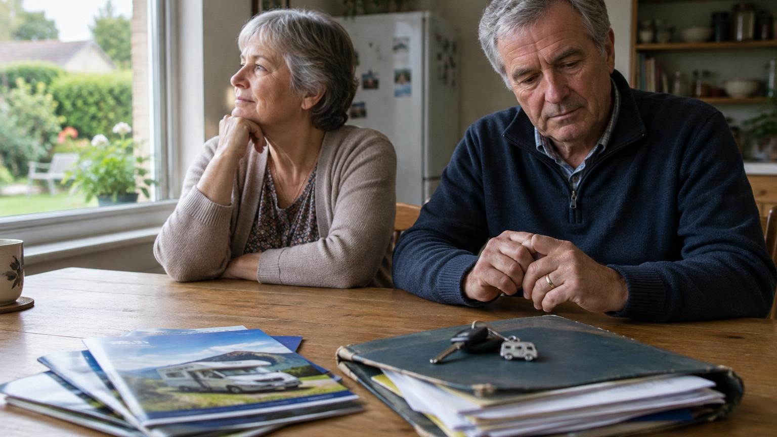 Un couple de retraités assis face à un jardin verdoyant avec des chaises longues, symbole de leur nouvelle philosophie de vacances à domicile après avoir abandonné les camping-cars.