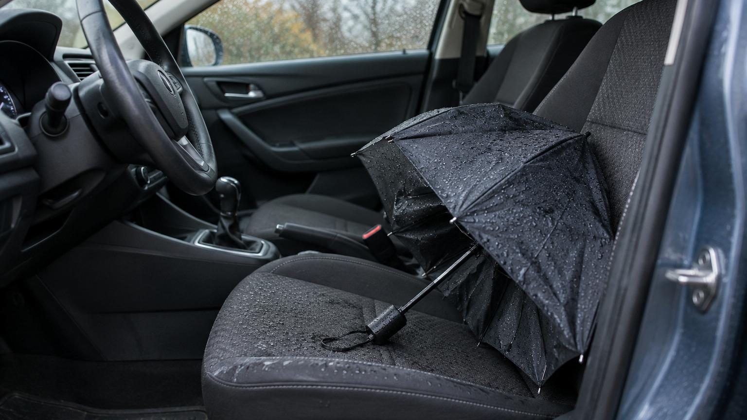 Intérieur d'une voiture avec un parapluie mouillé posé sur le siège passager, vitres embuées et condensation visible, mettant en évidence le problème d'humidité automobile