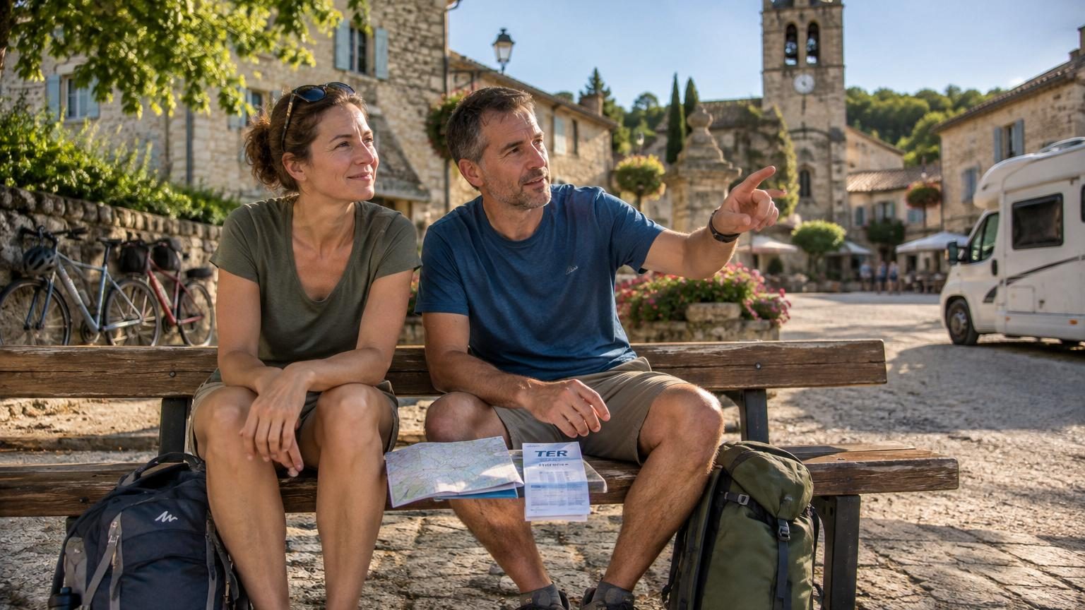 Couple en vacances assis confortablement dans un petit appartement avec vue sur une ruelle calme et tranquille d'un village français.