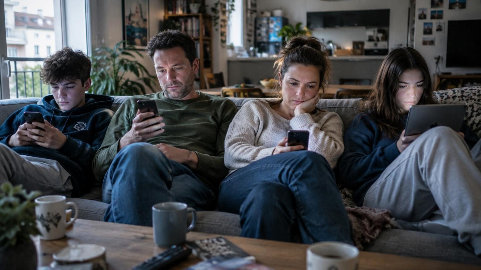 Personne portant des écouteurs, regardant un smartphone dans un environnement urbain, illustrant l'écoute passive et la communication numérique remplaçant les conversations en face à face.