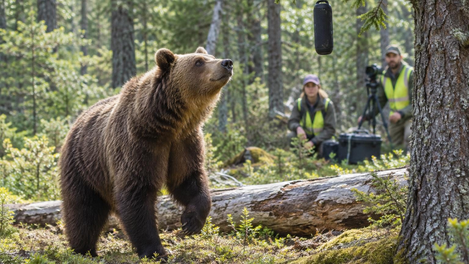 Un ours brun aux oreilles dressées écoute attentivement la musique sortant d'un haut-parleur suspendu à une branche au-dessus d'un tronc blanchi, dans une forêt de sapins