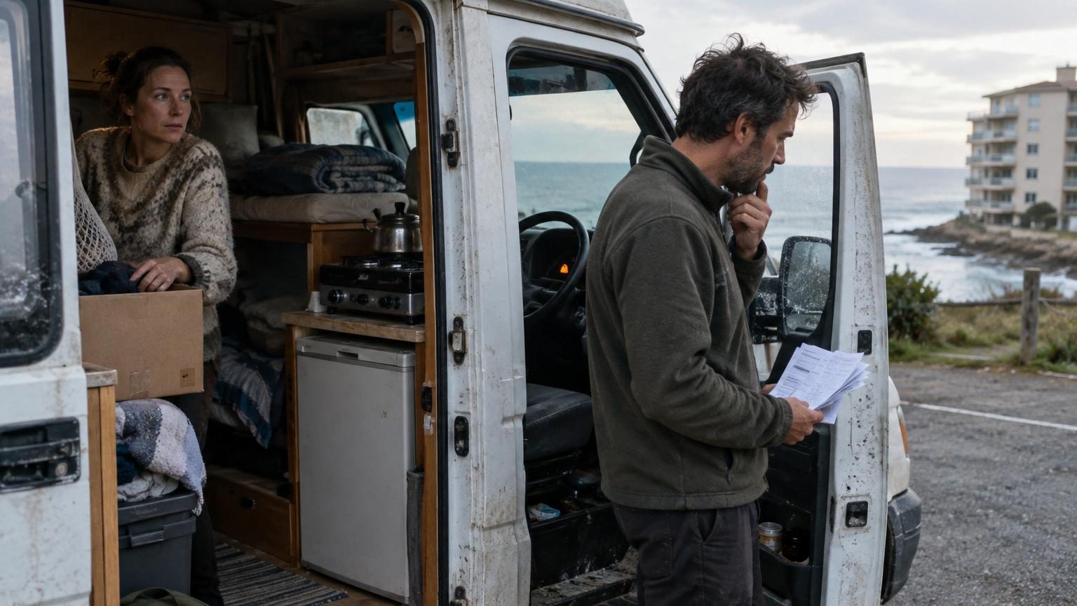 Vue intérieure d'un camping-car au petit matin avec un rayon de soleil passant par le lanterneau, la porte ouverte sur une vue mer, symbolisant la promesse de liberté et d'aventure confrontée aux réalités pratiques et aux coûts cachés du vanlife.