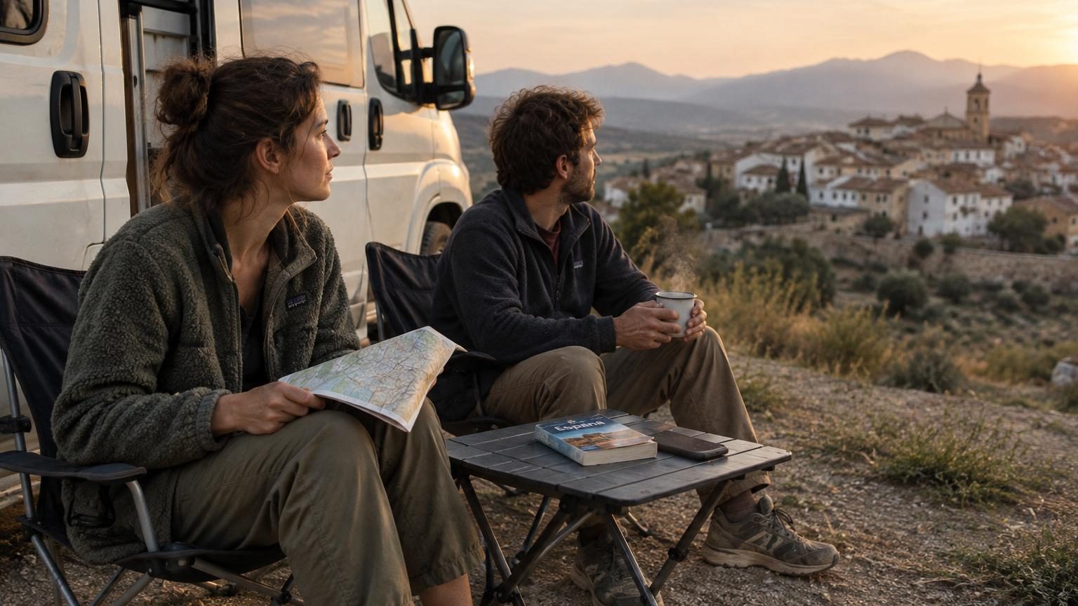 Un couple assis devant leur camping-car garé dans un petit village, observant tranquillement le coucher de soleil sans consulter leur téléphone ni planifier l'étape suivante.