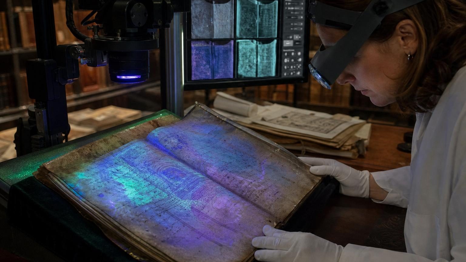 Ancien parchemin du VIe siècle avec textes pauliniens et traces d'encre fantômes révélées sous imagerie multispectrale, montrant fragments de textes et corrections de scribes médiévaux.