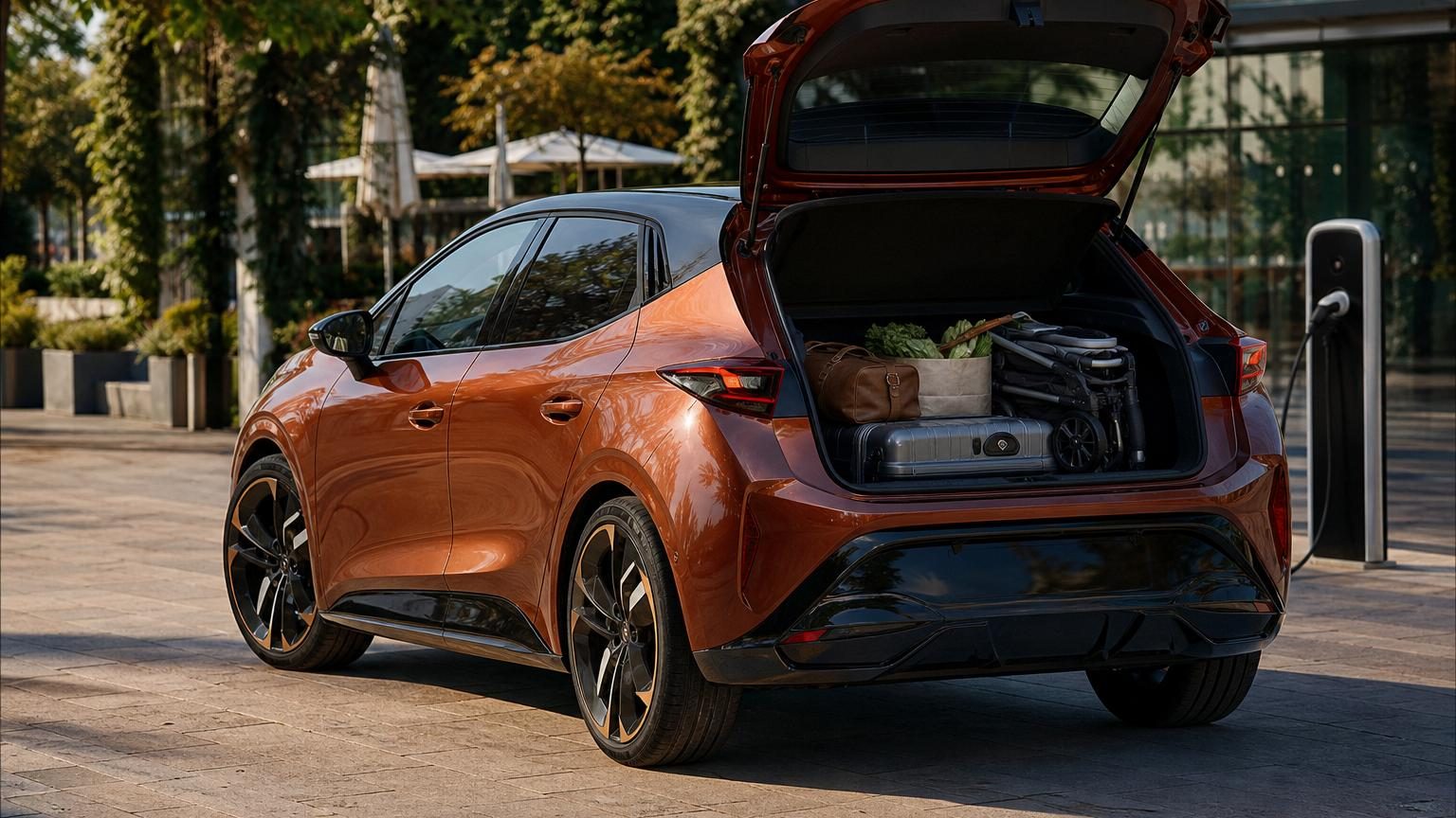 Cupra Raval Plus, citadine électrique compacte grise avec calandre avant distinctive, vue trois quarts avant sur fond urbain