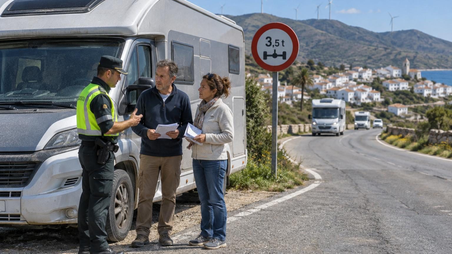 Vue aérienne d'un camping-car blanc garé sur une route côtière espagnole sinueuse avec panneau de restriction de poids en arrière-plan