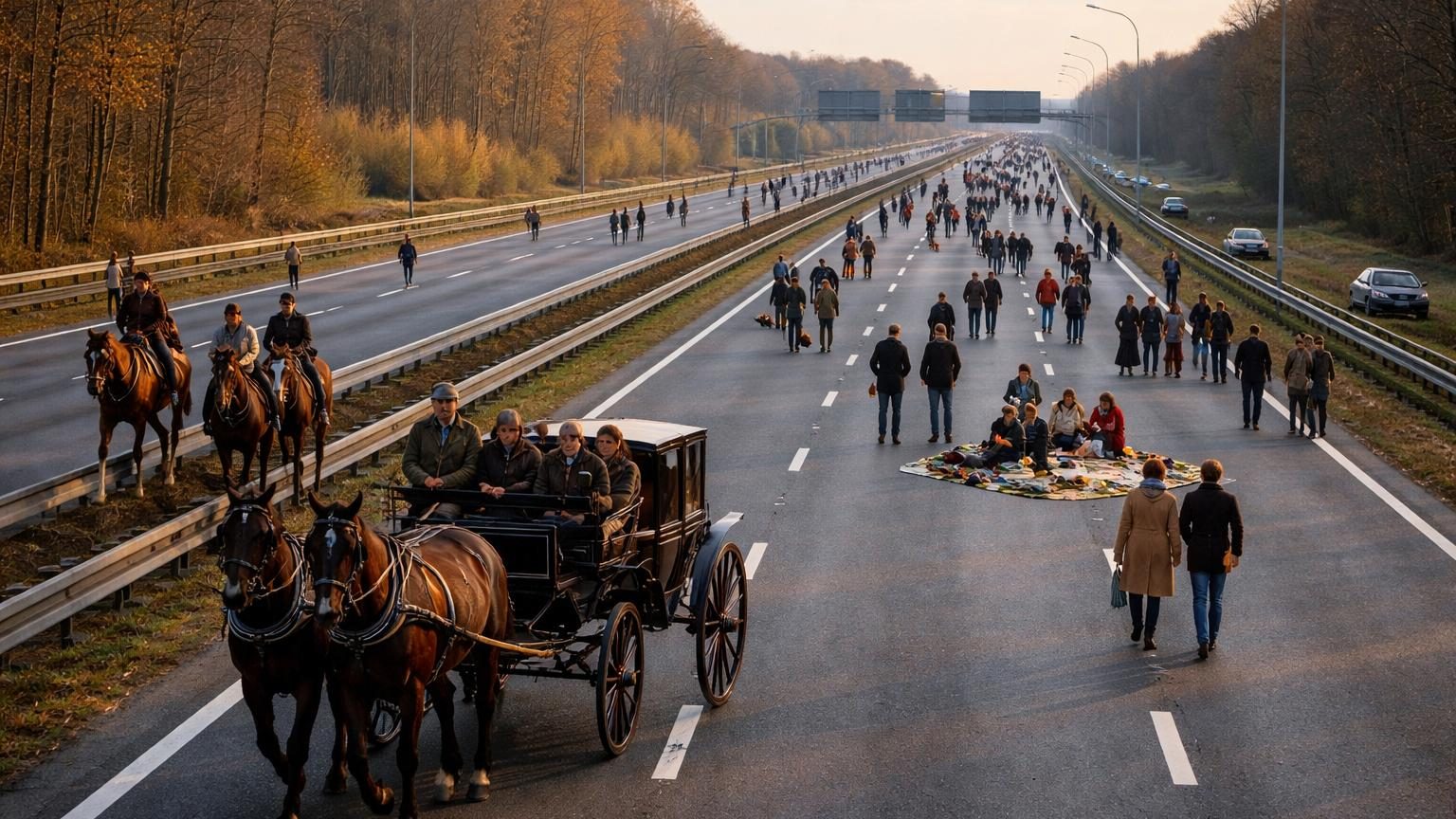 Chevaux et cavaliers circulant sur une autoroute déserte au milieu d'une journée ensoleillée, avec des piétons et des groupes de pique-niqueurs profitant de l'espace libéré des voitures.