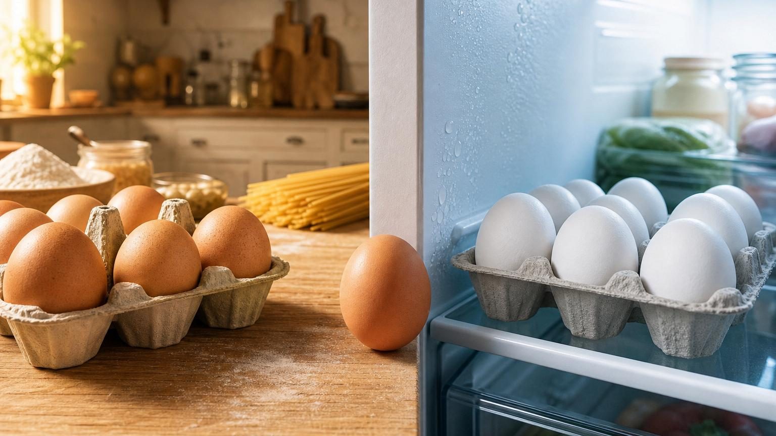 Boîte d'œufs bruns rangée sur une étagère de cuisine ensoleillée à côté de pâtes et de farine, illustrant la conservation française à température ambiante.