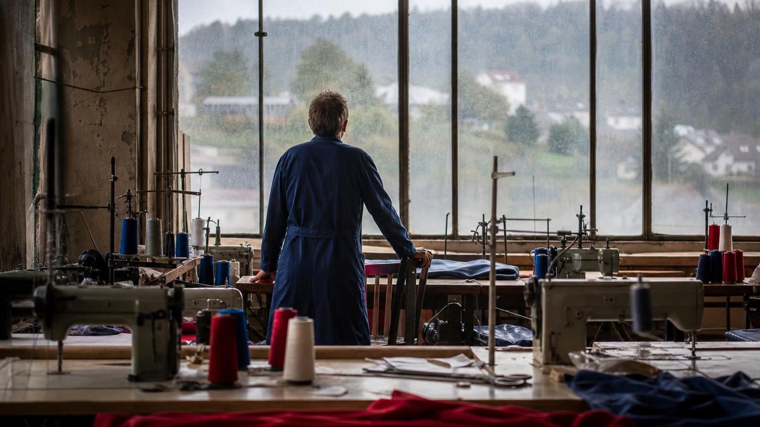 Atelier textile avec machines à coudre et rouleaux de tissu, symbole du savoir-faire jurassien en fermeture.