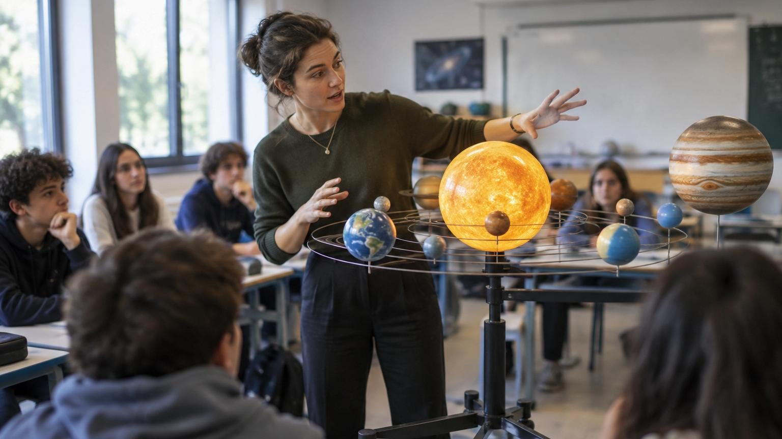 Illustration du système solaire avec le Soleil au centre et les huit planètes en orbite, montrant également le concept invisible du baricentre autour duquel les astres gravitent réellement.