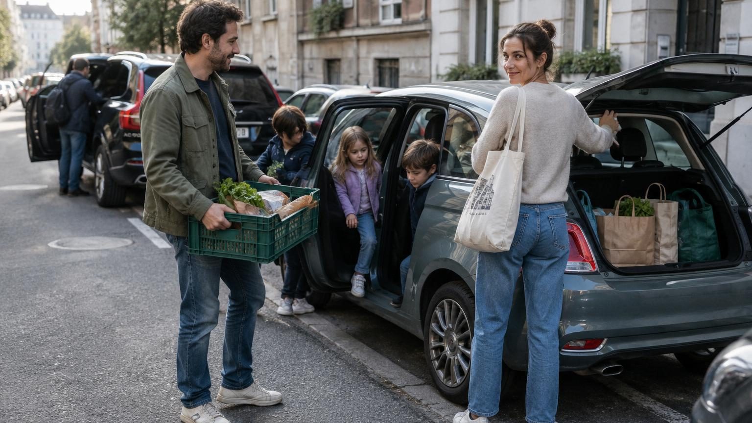 Couple stressé dans un grand SUV cherchant une place de parking dans une rue urbaine étroite avec des enfants à l'arrière et des sacs pleins.