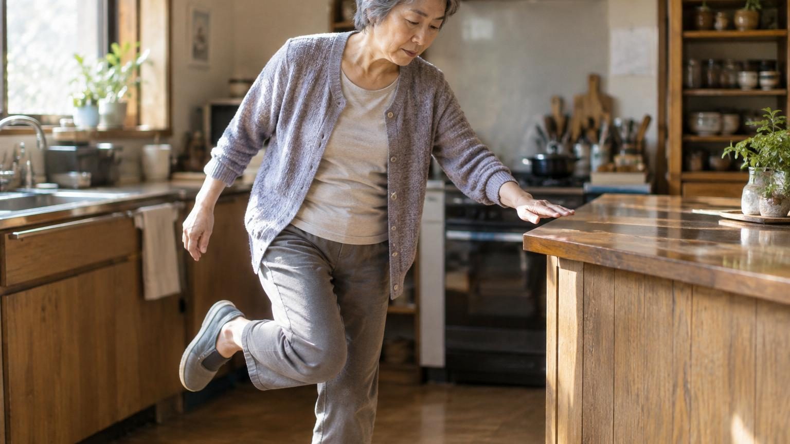 Personne âgée effectuant l'exercice d'équilibre, debout sur une jambe, une main posée sur le dossier stable d'une chaise pour la sécurité, dans un environnement intérieur dégagé.