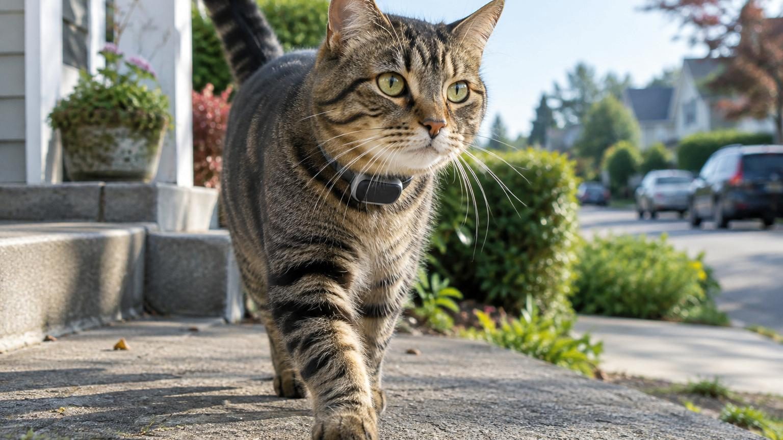 Chat explorant un jardin résidentiel avec clôtures et arbustes, illustrant son territoire limité autour de la maison.