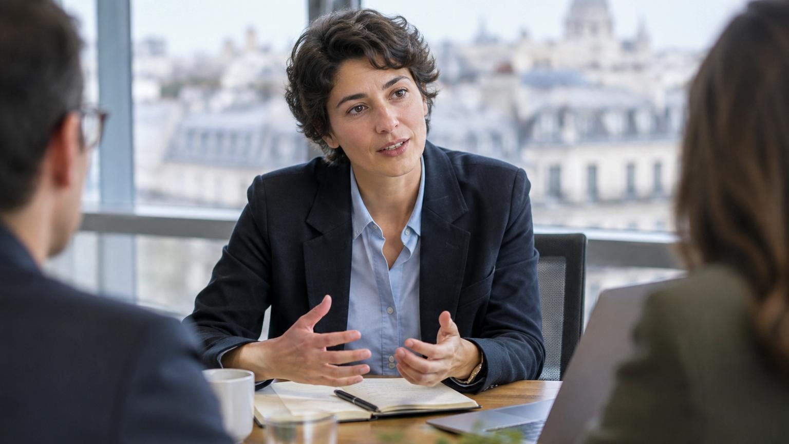 Entretien d'embauche dans un bureau lumineux : candidate assise face à un recruteur, moment de silence tendu lors de la question sur ses projets à cinq ans.