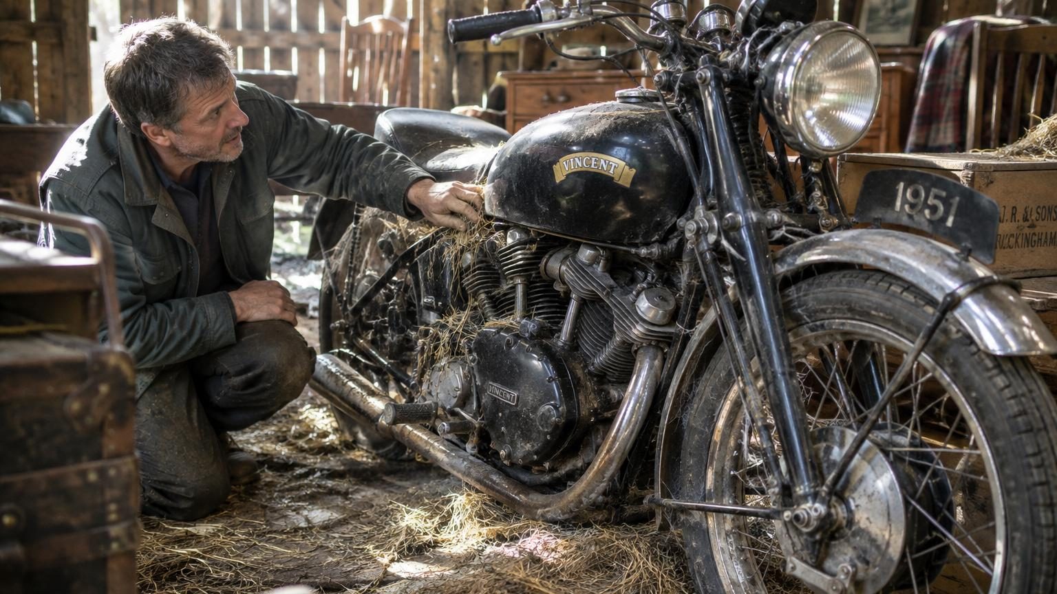 Moto Vincent Black Shadow 1951 noire et chromée dans une grange poussiéreuse, partiellement dégagée de meubles entreposés, symbole de trésor oublié de l'histoire motocycliste