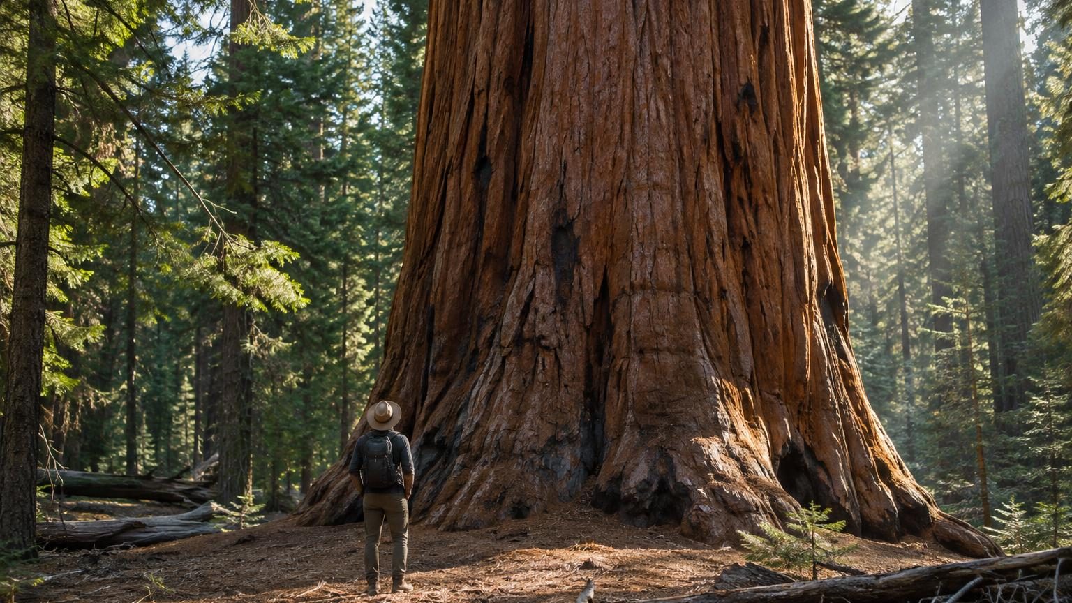 Anciens séquoias géants majestueux aux troncs massifs s'élevant entre les pentes boisées de la Sierra Nevada californienne, baignés dans la lumière forestière dansante.