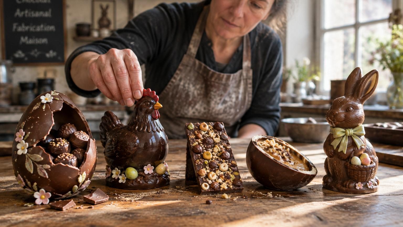 Assortiment coloré de créations chocolatées de Pâques incluant des œufs en métal décoratifs, une cagette généreuse, une boîte rétro poisson et diverses friandises au chocolat noir, lait et fruits.