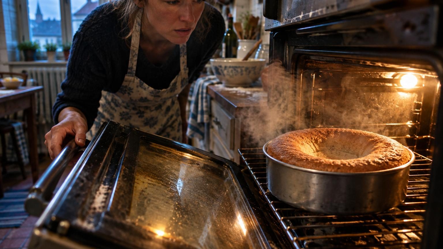 Gâteau gonflé à travers la vitre d'un four avec éclairage intérieur, mains fermant rapidement la porte pour éviter la perte de chaleur