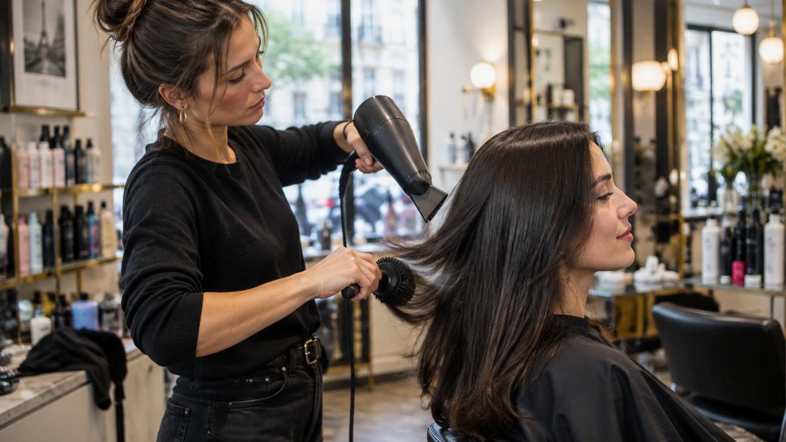 Coiffeur utilisant un sèche-cheveux pour terminer un séchage avec un souffle d'air froid sur les cheveux lissés d'une cliente